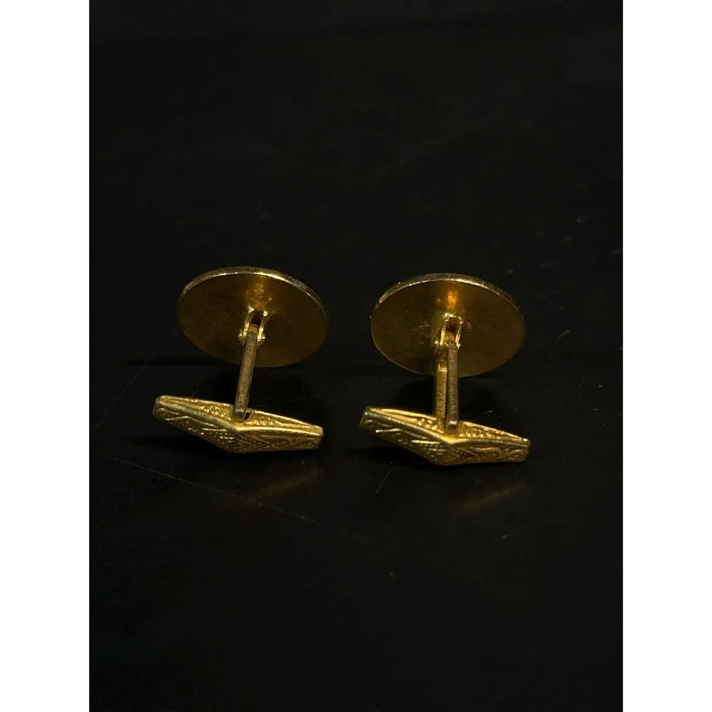 Vintage Spanish Gold Tone Lion Cufflinks Black Enamel Red Rhinestone